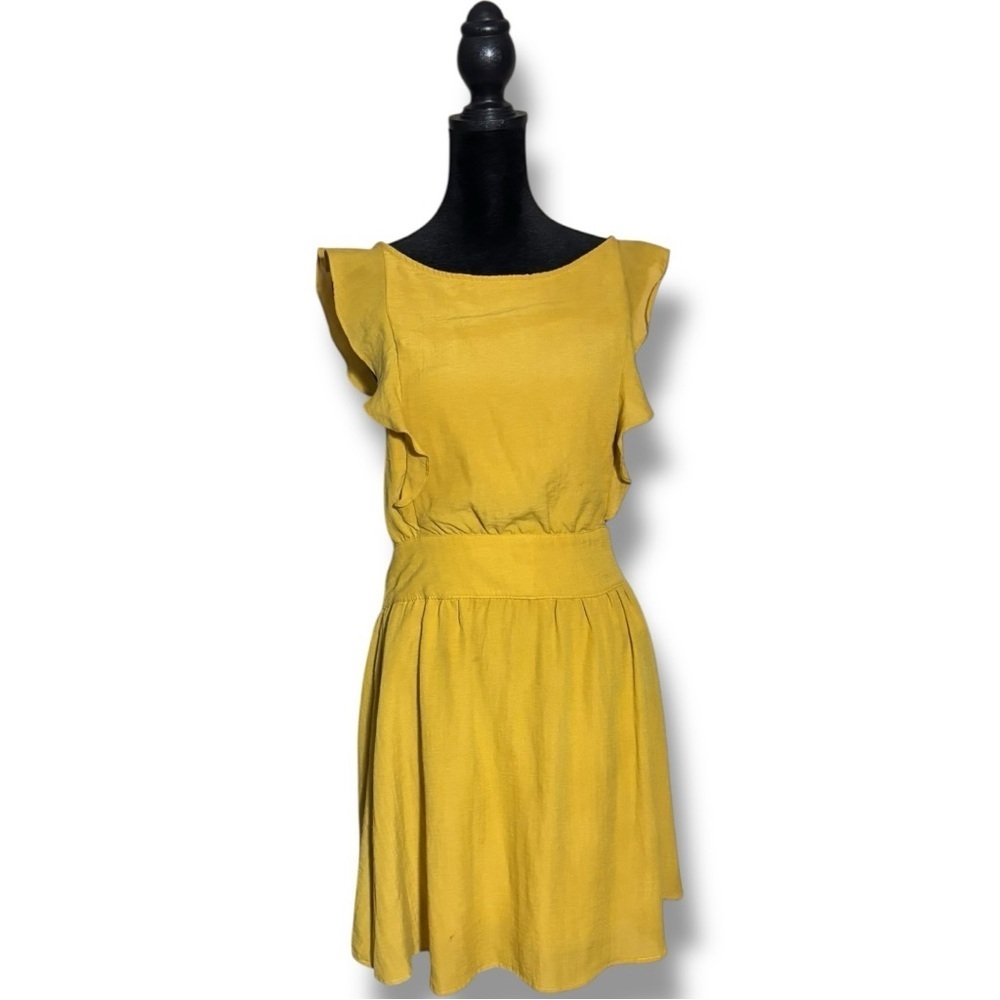 Ivy Chic Mustard Ruffle Sleeves Gathered Waist Cutout Tie Back Mini Dress